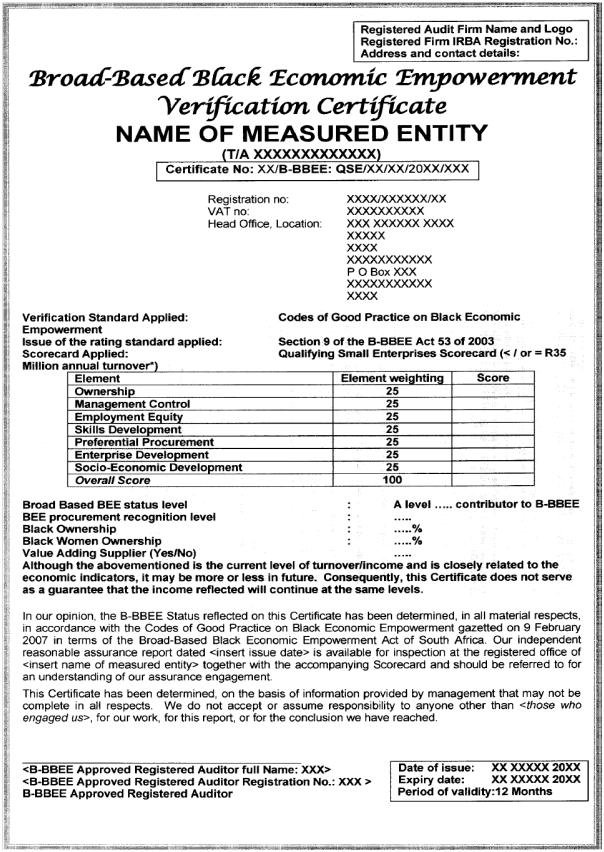IRBA Sample Certificate